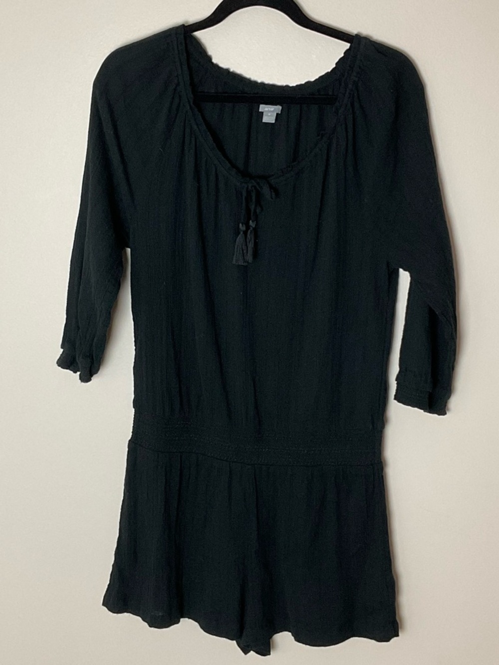 aerie Black Textured Scoop Neck Mini Romper with Tassel Tie Festival Cruise Boho